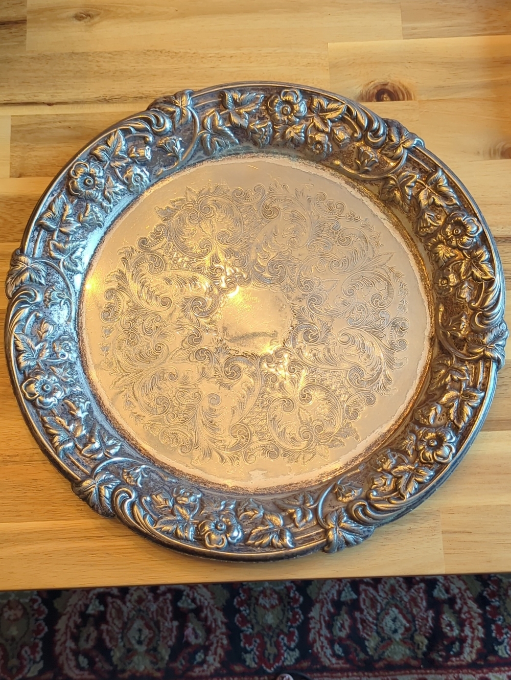 Ornate Silver Decorative Serving Plate - 14inch